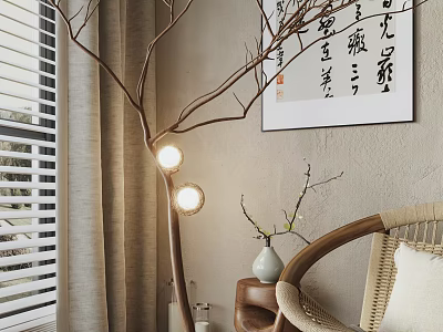 Branch Shaped Decorative Lamp With Two Bulb Lights Chinese Calligraphy Painting Woven Chair And Vase 3d model