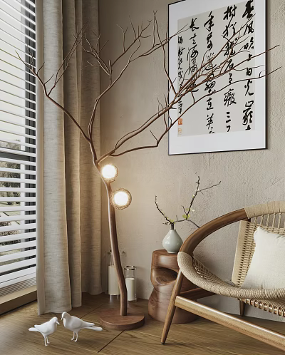 Branch Shaped Decorative Lamp With Two Bulb Lights Chinese Calligraphy Painting Woven Chair And Vase 3d model
