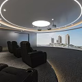 Modern Luxurious Home Theater Room With Large Curved Screen Black Leather Recliners And Ceiling Lighting
