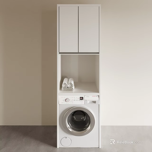 White Bathroom Cabinet With Upper Cabinets Open Shelf Towels And Washing Machine 3d model 