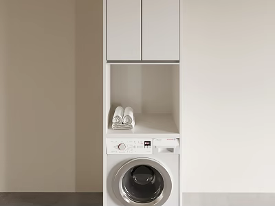 White Bathroom Cabinet With Upper Cabinets Open Shelf Towels And Washing Machine 3d model
