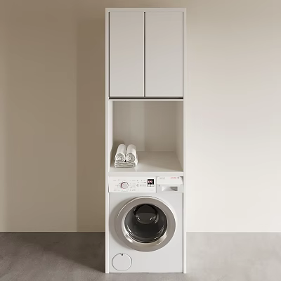 White Bathroom Cabinet With Upper Cabinets Open Shelf Towels And Washing Machine 3d model