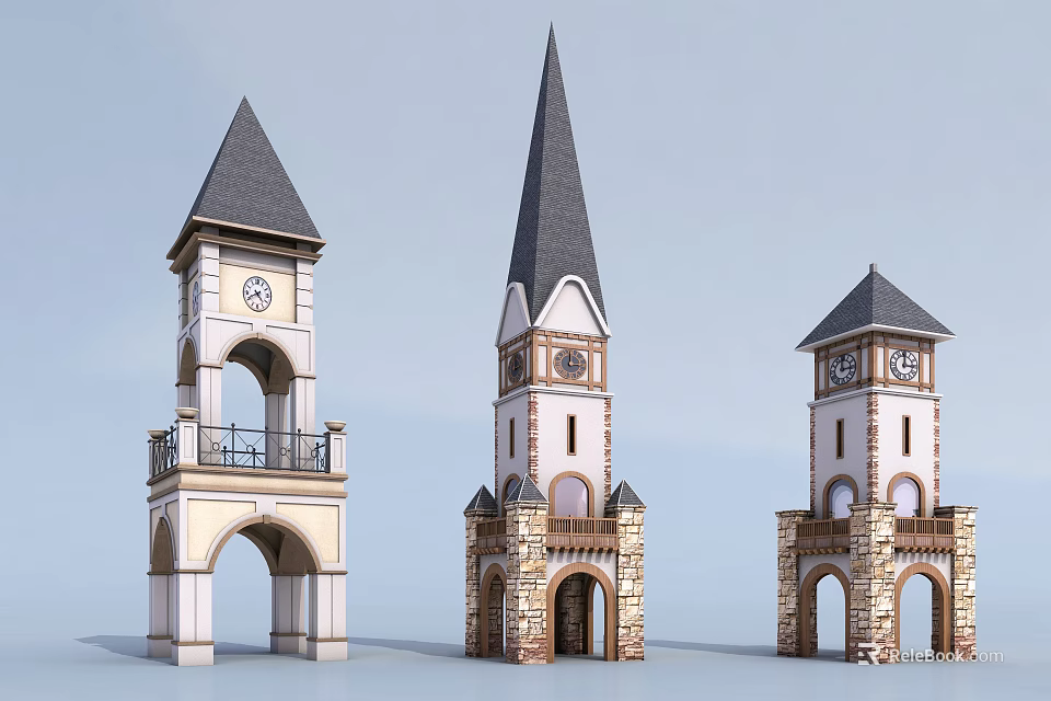 Three Distinct Clock Towers With Steeple Tops Stone Brick Arches And Balconies 3d model 