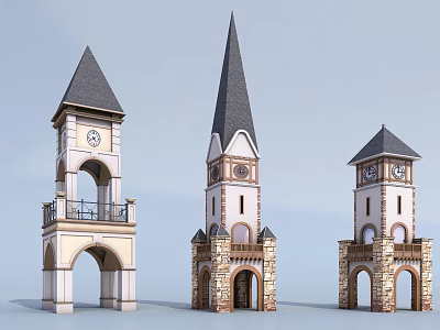 Three Distinct Clock Towers With Steeple Tops Stone Brick Arches And Balconies 3d model