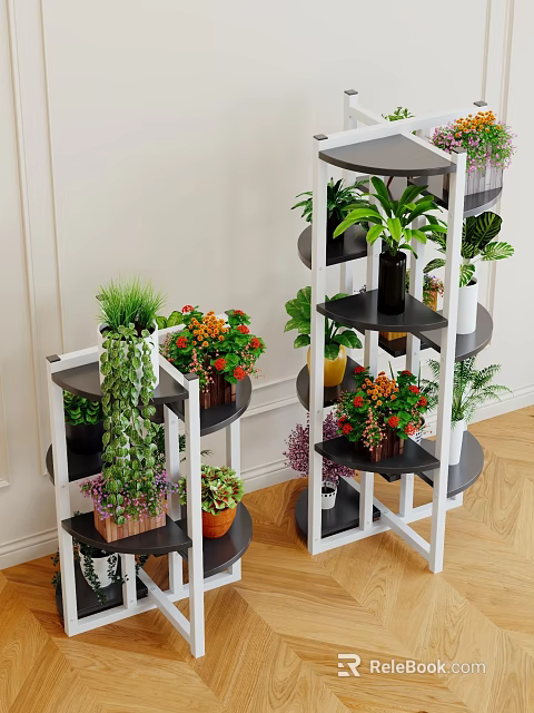 Bonsai Potted Plants On Indoor Multi tiered White Black Shelves With Various Green Flowering Plants 3d model 