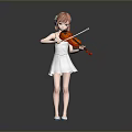 Girl playing violin in white dress wearing headphones with pink hair and gray background