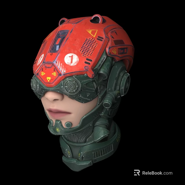 Sci Fi Game Movie Character With Red Green Futuristic Helmet And Yellow Markings 3d model 