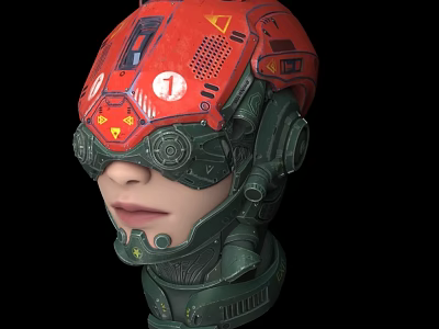 Sci Fi Game Movie Character With Red Green Futuristic Helmet And Yellow Markings 3d model