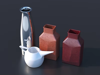 Modern Tableware Set with Silver Metallic Vase Brown Square Jars and White Pitcher 3d model