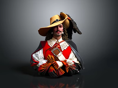 Man In Traditional Costume Wide Brim Hat Curly Hair Red White Tunic Cloak Gray Background 3d model