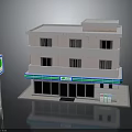 Three Story Building With Ground Floor Shop Green Blue Stripe Signboard And Road Sign