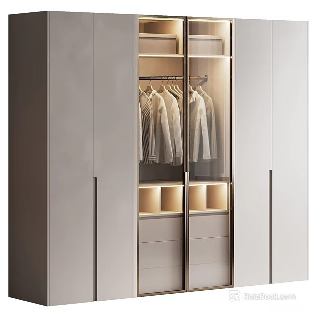 Modern Wardrobe Design With Glass Door Interior Lighting And Hanging Clothes Storage 3d model 