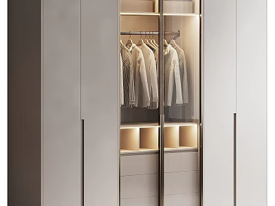 Modern Wardrobe Design With Glass Door Interior Lighting And Hanging Clothes Storage 3d model