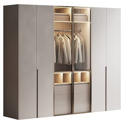 Modern Wardrobe Design With Glass Door Interior Lighting And Hanging Clothes Storage 3d model