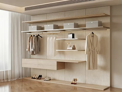 Modern Walk in Closet Interior With Hanging Clothes Shoes Handbags And Wooden Shelves 3d model