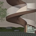 Elegant Spiral Staircase Metallic Frame Glass Railing LED Lighting Greenery And Geometric Tile Floor