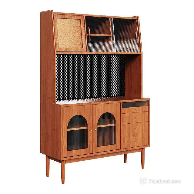 Modern Wooden Sideboard With Mesh Panel Glass Door Drawer And Open Shelf For Dining Room 3d model 