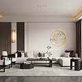Modern Living Room Interior With Round Mirror Sofa Coffee Table Rug And Wall Lamps