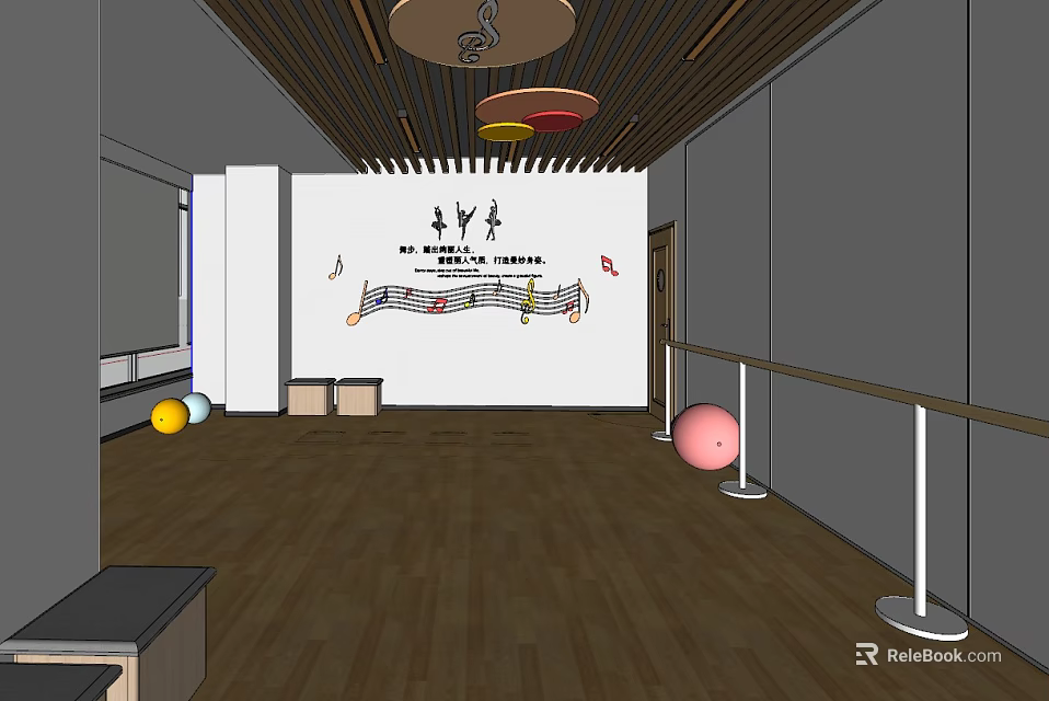 Dance Fitness Training Studio With Wooden Floor Colorful Exercise Balls And Barres 3d model 