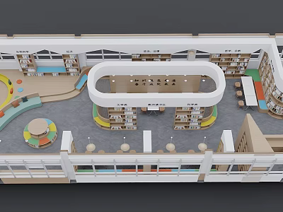Kindergarten School Interior Design With Circular Layout Bookshelves And Colorful Activity Areas 3d model