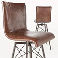 Set Of Two Modern Brown Leather Bar Stools With High Back Crisscross Metal Frame