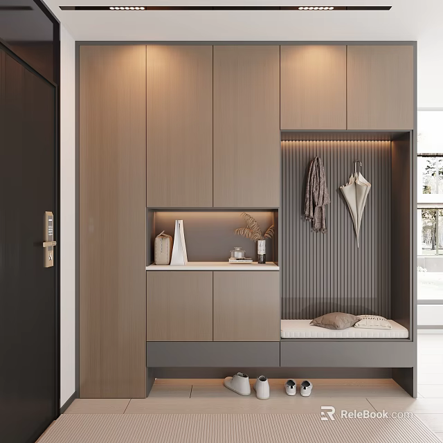 Modern Entryway Hallway Interior Design With Wooden Cabinets Coat Rack Bench And Decorative Vases 3d model 