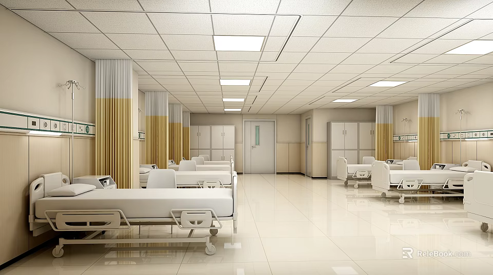 Spacious Hospital Ward Interior With Multiple Beds Ceiling Lights And Cabinets 3d model 