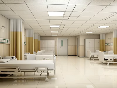 Spacious Hospital Ward Interior With Multiple Beds Ceiling Lights And Cabinets 3d model