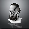 Realistic Male Character 3D Head Model With Beard Ponytail Long Hair And Gray Background Reflection