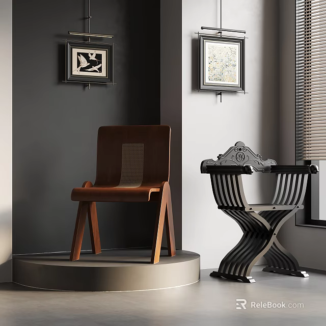 Interior Display Of Wooden And Metal Chairs With Gray Wall And Framed Paintings 3d model 