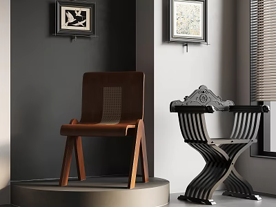 Interior Display Of Wooden And Metal Chairs With Gray Wall And Framed Paintings 3d model