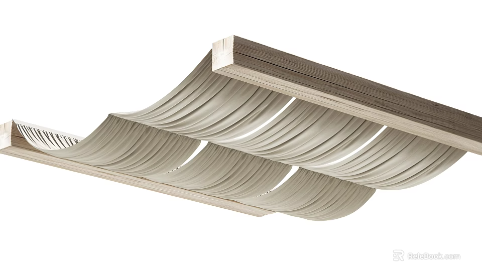 Elegant Layered Ceiling Drapery With Wave Design And Light Wooden Frame Details 3d model 