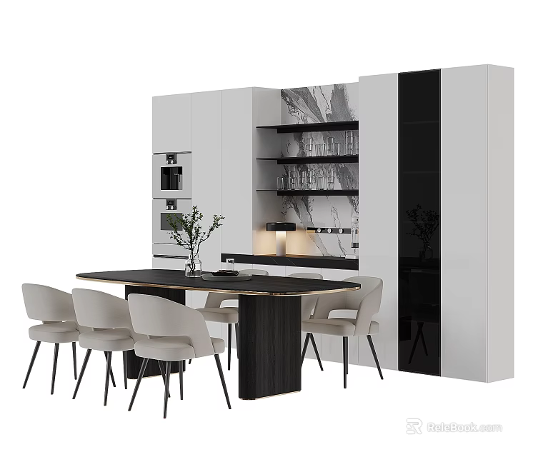 Modern Dining Table Set With Black Table Beige Chairs And White Kitchen Cabinets 3d model