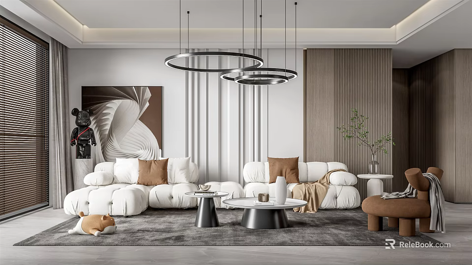 Modern Living Room Interior With White Sofa Brown Cushions Round Pendant Lights And Abstract Painting 3d model 