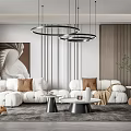 Modern Living Room Interior With White Sofa Brown Cushions Round Pendant Lights And Abstract Painting