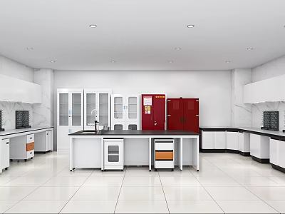 Modern Laboratory Interior With White Lab Benches Red Storage Cabinets And Clean Design 3d model