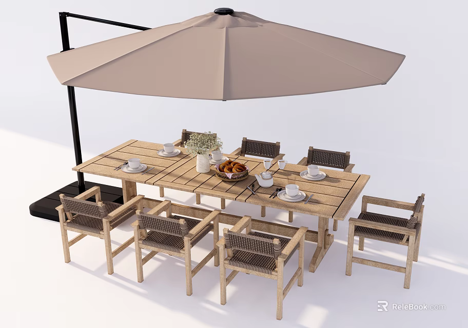 Outdoor Wooden Table and Chair Set With Umbrella And Dining Decorations 3d model 