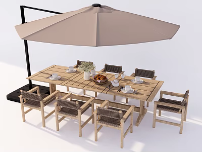Outdoor Wooden Table and Chair Set With Umbrella And Dining Decorations 3d model