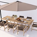 Outdoor Wooden Table and Chair Set With Umbrella And Dining Decorations