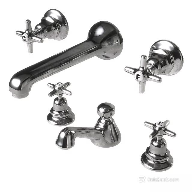 Vintage Chrome Bathroom Faucet Set With Cross Handles And Components 3d model 