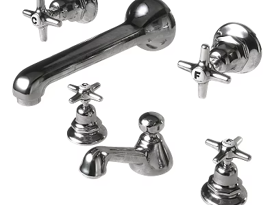Vintage Chrome Bathroom Faucet Set With Cross Handles And Components 3d model