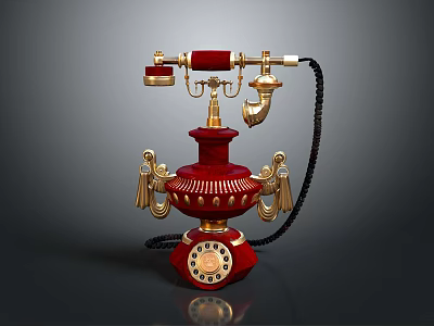 Vintage Red Telephone With Gold Decorations And Rotary Dial Design Elements 3d model