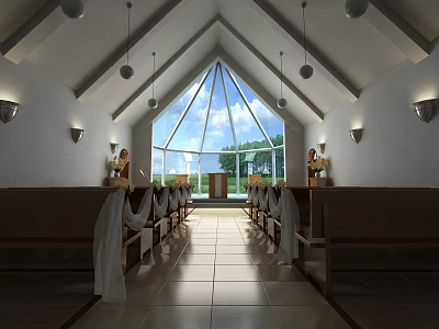 Religious Faith Church Interior With Pews Altar Large Window And Hanging Lamps 3d model