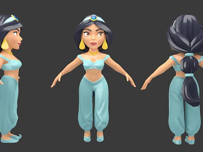 Cartoon Game Movie Character In Blue Outfit With Long Hair Headpiece Earrings Front Side Back Views 3d model