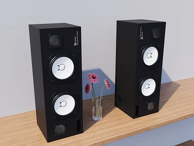 Black Musical Instruments And Art Supplies On Wooden Tabletop With Flower Vase 3d model