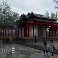 Traditional Ancient Chinese Architecture With Red Pillars Curved Eaves And Colorful Paintings Near Trees