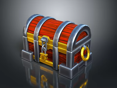 Wooden Red Storage Chest With Golden Lock Metal Stands And Ring Handle 3d model