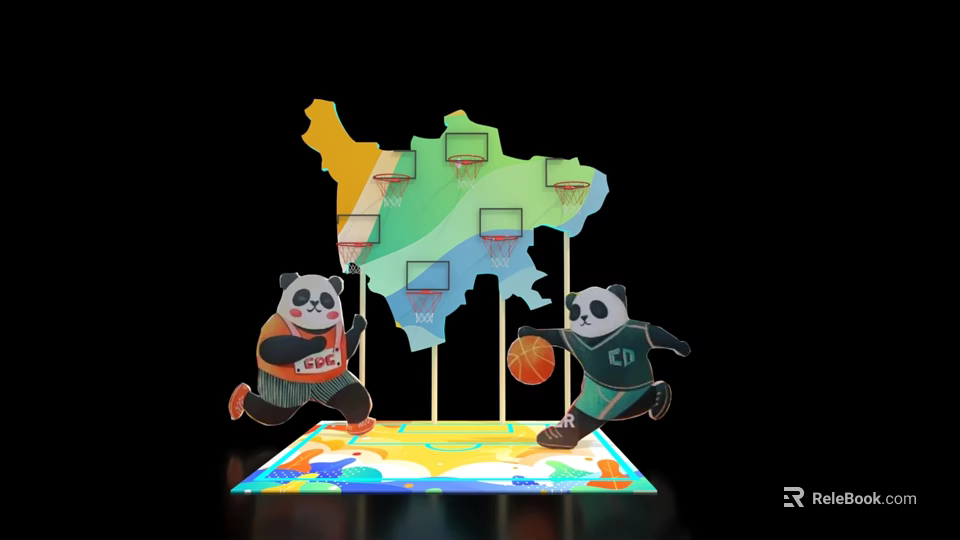 Interactive Zone With Pandas Playing Basketball And China Map Shape Hoops 3d model 