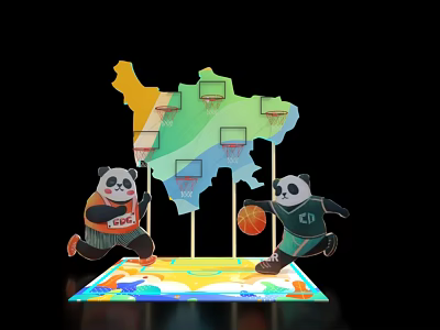 Interactive Zone With Pandas Playing Basketball And China Map Shape Hoops 3d model