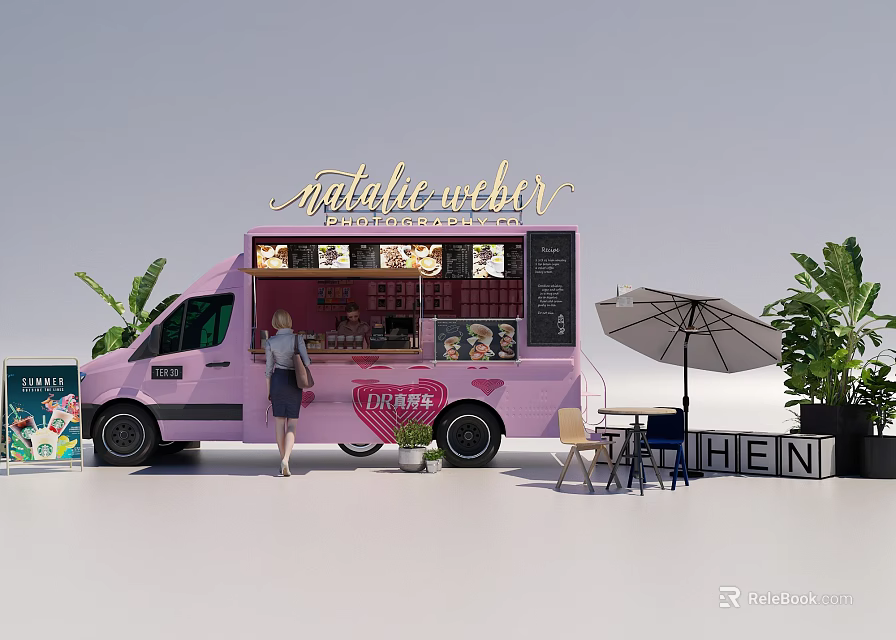 Pink Artisan Bakery Food Truck With Outdoor Tables Umbrella And Plants 3d model 